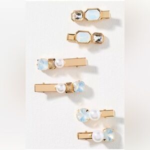 Anthropologie Gemstone Barrettes in Gold/Pearl/Clear Set of 6 NWT